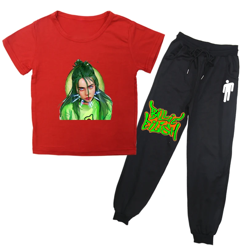 Комплекты одежды для маленьких мальчиков и девочек с принтом Billie Eilish летние детские спортивные костюмы комплекты одежды для детей футболка+ штаны, 2 предмета, футболки