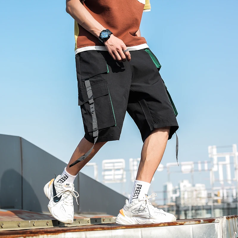 Красивые новые стильные мужские летние хип-хоп шорты-шаровары до колен хип-хоп шорты в уличном стиле мужские черные шорты-карго с большими карманами и лентами