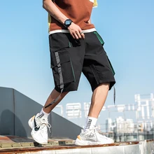 Красивые новые стильные мужские летние хип-хоп шорты-шаровары до колен хип-хоп шорты в уличном стиле мужские черные шорты-карго с большими карманами и лентами