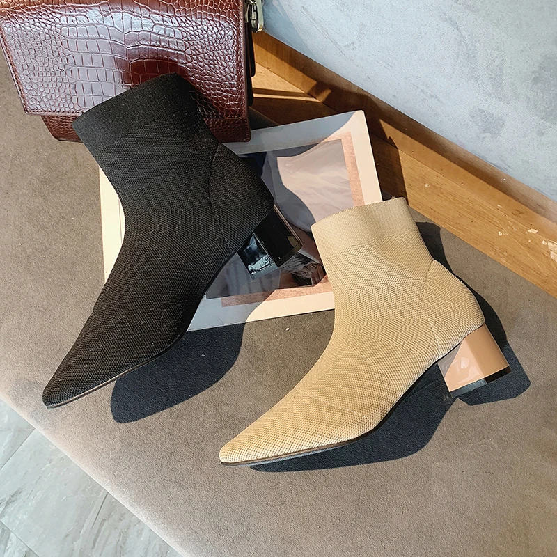 Черный, бежевый вязаный верх, тянущийся носок, сапоги женская зимняя обувь г. Ботильоны на среднем массивном каблуке женские короткие ботиночки