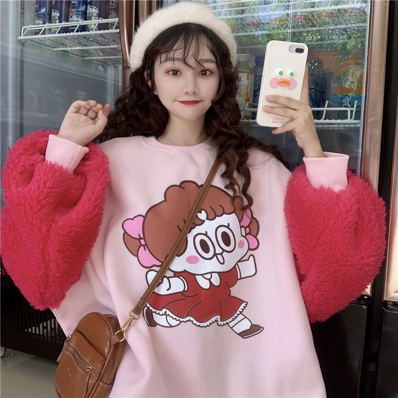 Women Korean Loose Thin Cartoon Print Splice Plush Lantern Sleeve Plus velvet pullover Medium and long section Warm Sweatshirt - Цвет: Pink