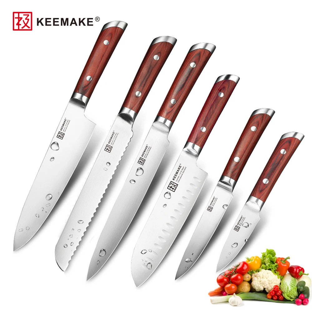 Chef Santoku Bread Utility Slicing Paring Knife German 1.4116 Steel Blade Japanese Color Wood Handle 6pcs Kitchen Knives Set | Дом и сад