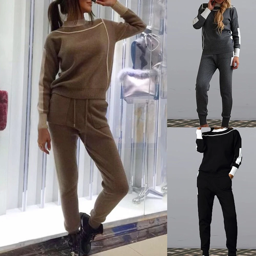 

Loozykit 2 Piece Sets Sport Set Outfits Woman Knit Casual Tracksuits Crewneck Pullovers+Drawstrings Elastic Pants Sweater Suits
