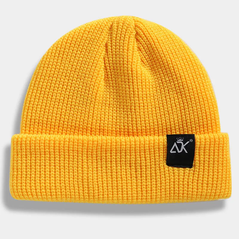 Мужские шапки Skullcap на осень и зиму, теплые уличные вязаные шапки, женские эластичные акриловые шапки унисекс, короткие шапки Skullcap с дыней - Цвет: Цвет: желтый