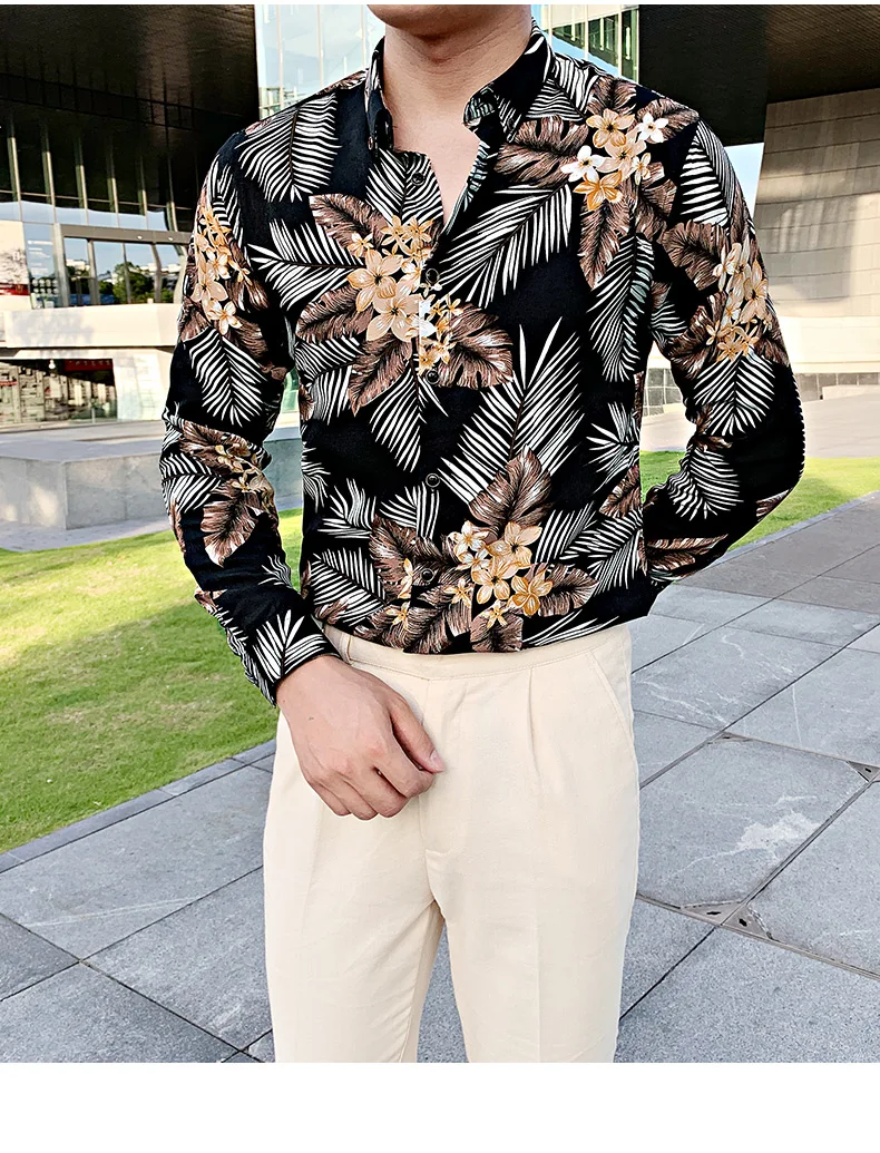 Description Picture 6 of itemNew Slim Brand Fit Casual Men's Social Shirts Dress Long Sleeve Night Club Prom Tuxedo Top Quality British Style Print Shirt Men