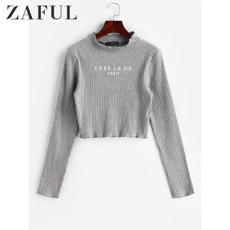 ZAFUL Повседневная облегающая ребристая укороченная футболка с буквенным принтом, Женская эластичная уличная футболка с длинным рукавом в рубчик, базовая серая футболка