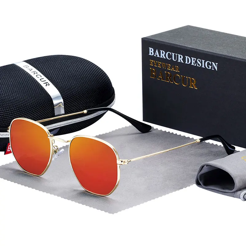 BARCUR, классические ретро светоотражающие солнцезащитные очки, мужские шестигранные солнцезащитные очки, металлическая оправа, солнцезащитные очки с коробкой Oculos De Sol gafas - Цвет линз: Orange Red