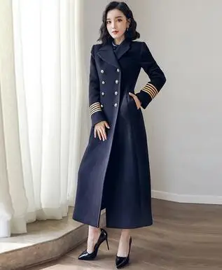 navy blue Двубортное шерстяное пальто для женщин в стиле милитари, зимнее утепленное женское Шерстяное теплое тонкое длинное кашемировое теплое шерстяное пальто s R16 - Цвет: navy blue