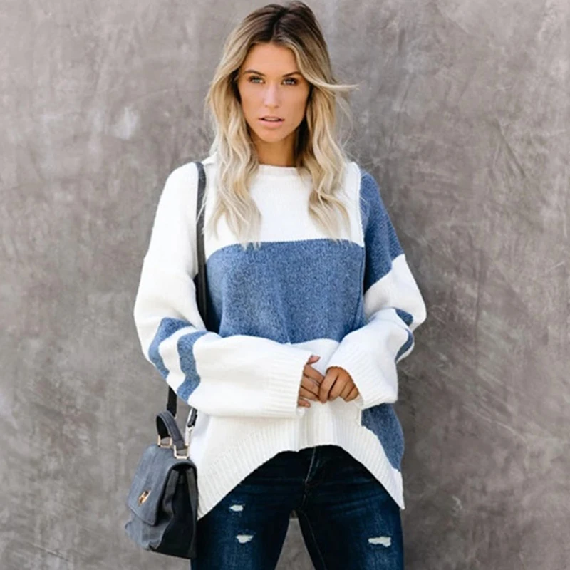Siskakia Women's Sweaters Fall Winter 2019 Denim Blue Stripes Patchwork Loose Knitted Pullover Tops O Neck Long Sleeve | Женская