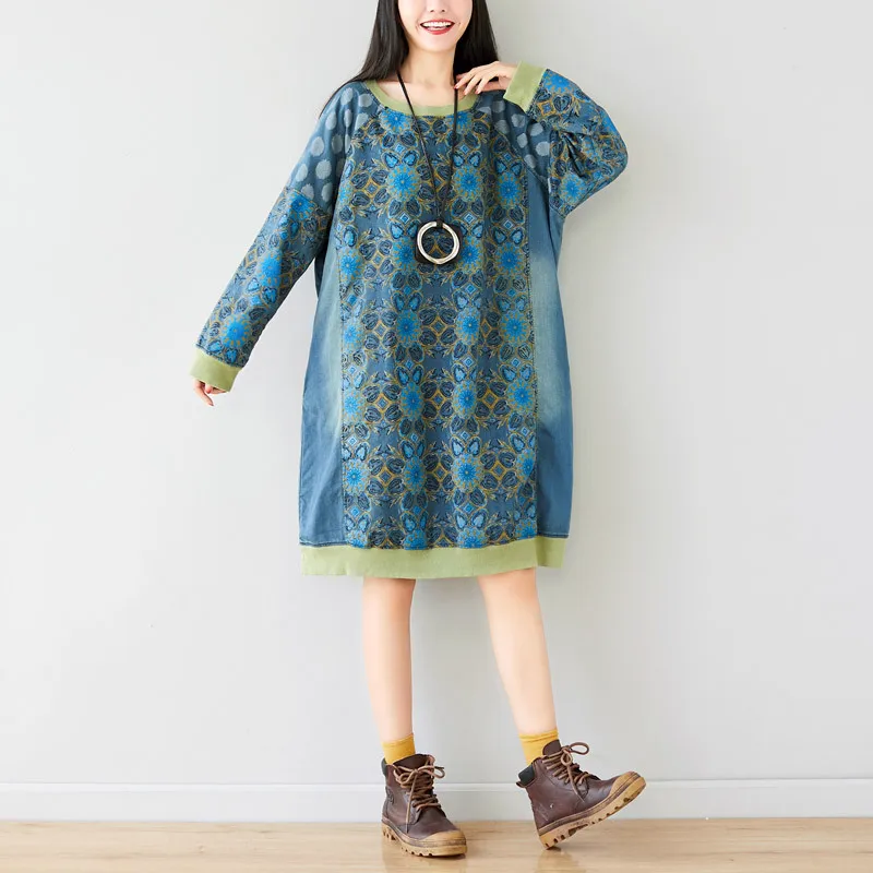 

Women Autumn Loose Print Plus Size Dress Ladies Patchwork Printed Oversize Dress 2019 Spring Knee Length Dresses