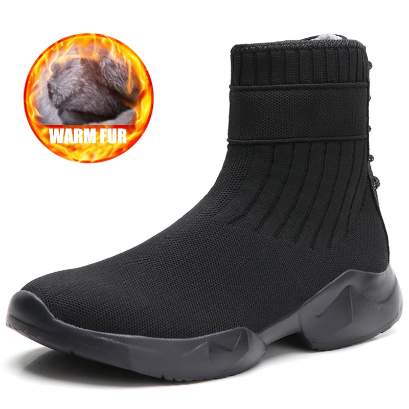 fur black A Зимние носки, кроссовки для женщин, толстая меховая теплая обувь для бега, большой размер, тянущаяся спортивная обувь без шнуровки, нескользящая Женская Беговая обувь на плоской подошве - Цвет: fur black A
