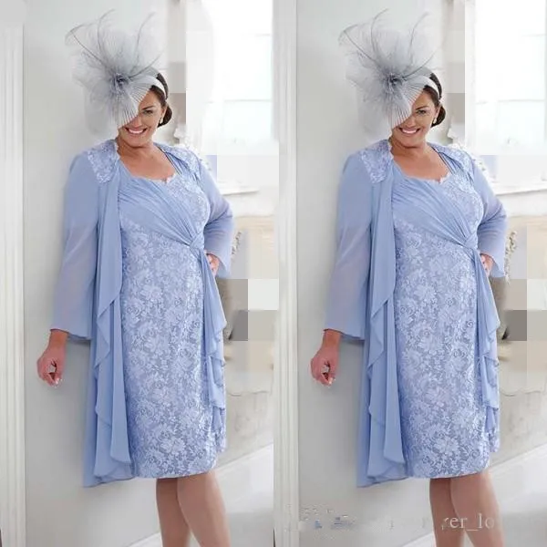

Plus Size Mother of the Bride Dresses 2019 Short Knee Length Ruched Chiffon Ribbon Lace Column Weddings Guest Gowns with jacket