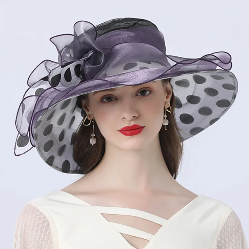 Women Summer Hat Black Dot Pattern Ruffle wide Brim Ladies Organza Hat Packable Sun Beach Hat Wedding Party Race Derby Dress Hat 2