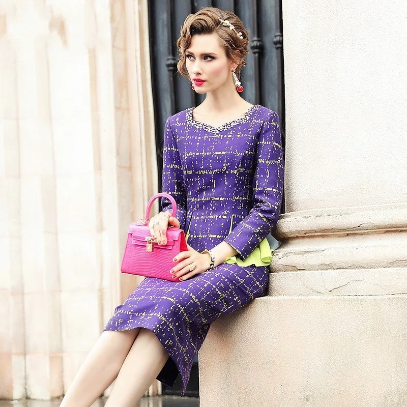 Дизайнерское фиолетовое платье с оборками для женщин; сезон осень; деловые вечерние платья для офиса; облегающее платье; элегантное платье из двух частей; S-XXL
