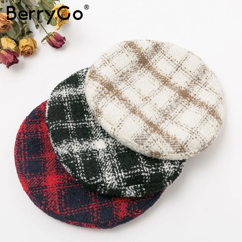 BerryGo/Повседневные Осенние теплые шляпы со шнуровкой в клетку, Женская Шапка-бини в стиле ретро, Женский твидовый берет, шапка, модные женские Зимние береты с козырьком