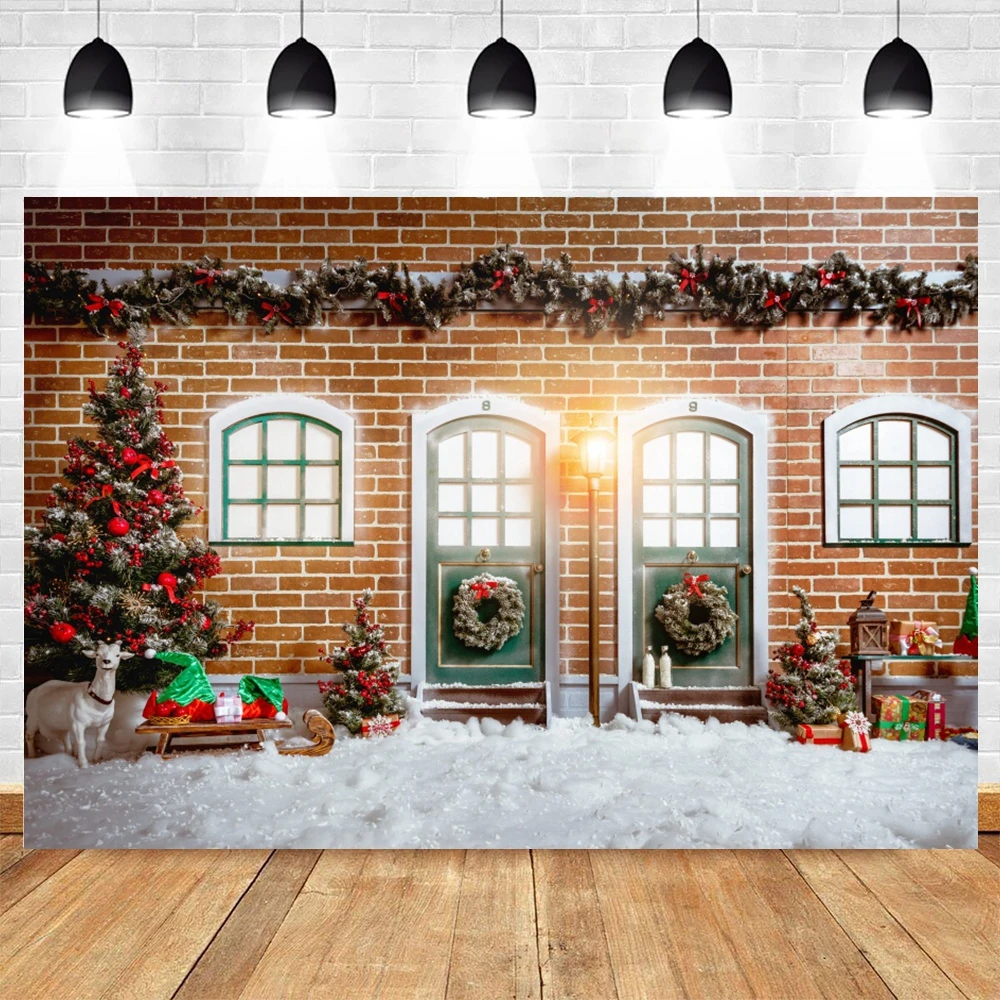 Yeele Christmas Brick Wall Doors Windows Sled Photography Backdrop Gift Photographic Studio Photo Background Decorations Prop |