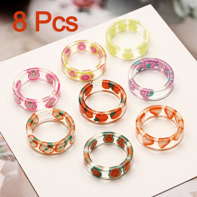 Korean Colorful Fashion Resin Fruit Ring Acrylic Geometric Round Rings for Women Beach Party Wedding Jewelry Anillos