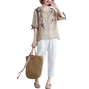 

India folk cotton linen women blouse 2020 summer new v-neck half sleeved embroidery lady elegant pulls outwear tops
