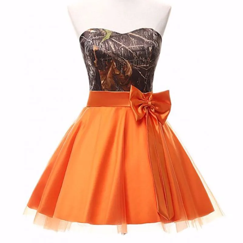 Fotos reales Camo camuflaje A-Line corto Junior damas de honor vestido naranja falda формальное платье encaje hasta la espald