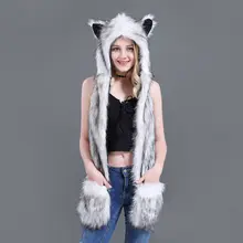 Пушистая женская зимняя шапка с ушками волка и кота, шапочки с варежками, перчатки, плюшевая шапочка