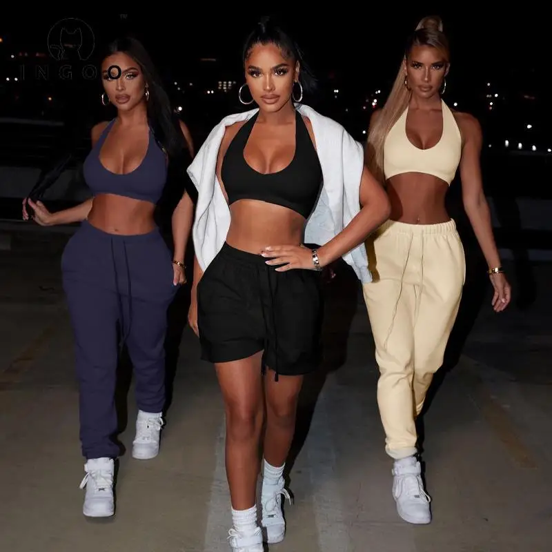 

INGOO Casual Street Tracksuit 2 Pieces Set Women Sexy Halter Neck Crop Tops And Drawstring Sweatpants Suit Female Sport Outfits