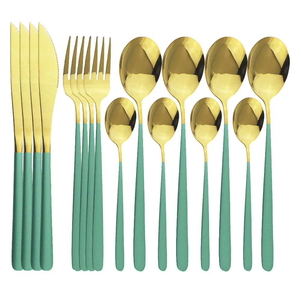 

16Pcs Green Gold Dinnerware Set 304 Stainless Steel Cutlery Set Knives Forks Spoons Dinner Set Kitchen Tableware Silverware Set