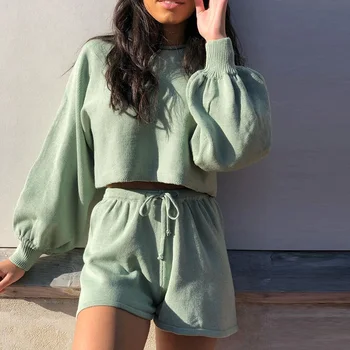 

2020 New Lantern Long Sleeve O Neck Loose Women Set And Shorts Knit Casual Summer Loose Two Piece Sets Home Sports Outfits Solid