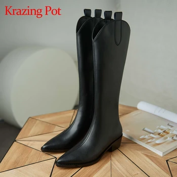 

Krazing pot split leather pointed toe med heel riding boots British style solid beauty lady streetwear retro knee-high boots L46