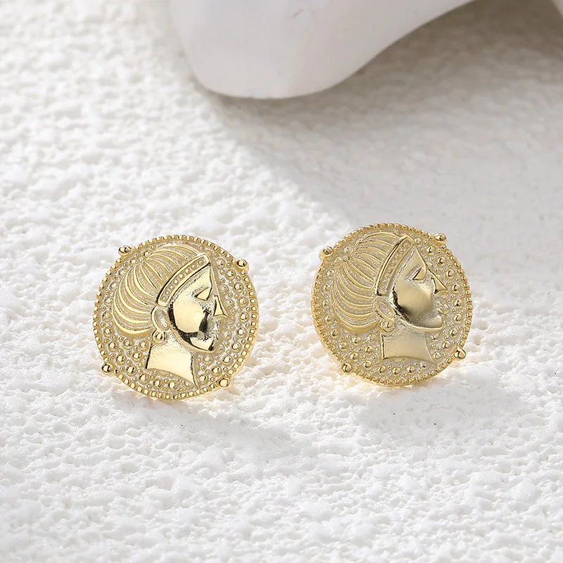 

Fengxiaoling New Arrivals 100% Original 925 Sterling Silver Golden Portrait Round Stud Earrings For Women Silver 925 Jewelry