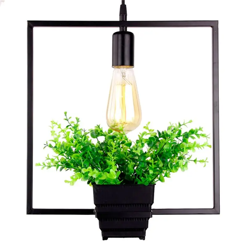 

ABUI-Black Square Green Plant Hanging Lamp Retro Industrial Wind Creative Personality Chandelier Clothing Shop Cafe Restaurant L