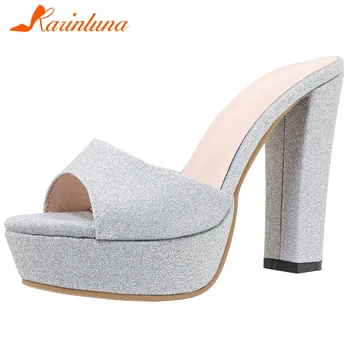 

KARINLUNA Sexy Female Club Slip On Summer Sandals Open Toe Bling Party Wedding High Heels Women Sandals Shining Women Shoes