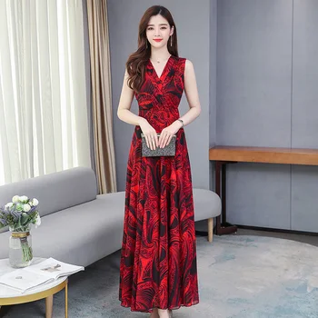 

COIGARSAM Vintage Print Chiffon Sleeveless Women Long dress New Summer Dresses Red Yellow 5818