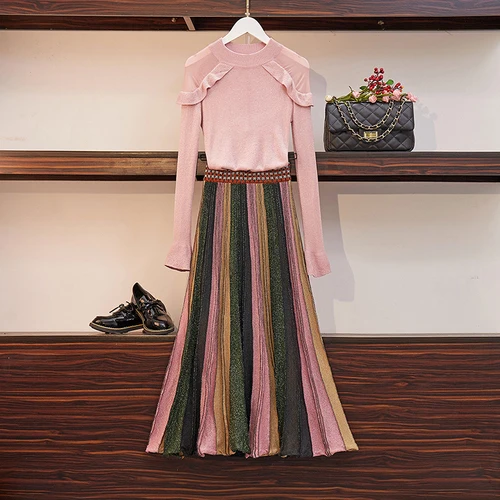 

Oshangchaopin Autumn Knitted 2-piece Set Long Sleeve Ruffles Slim Sweater+Elastic Waist Hit Color Long Skirt Plus Size Women Set
