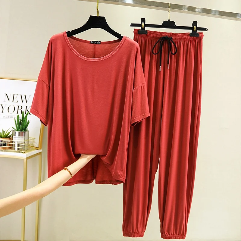 pijamas women pyjamas 2020 Summer Modal Home Suits Female plus Size T-shirt+Drawstring Loose Capri pants 2 pieces set tracksuits