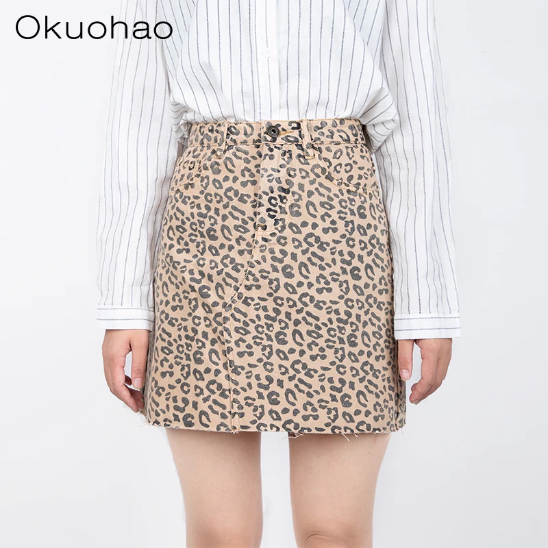 

Okuohao Denim Skirt High Waist A-line Mini Skirts Women 2019 Summer Fall New Arrivals Single Ms Leopard Skirt Style Saia Jeans