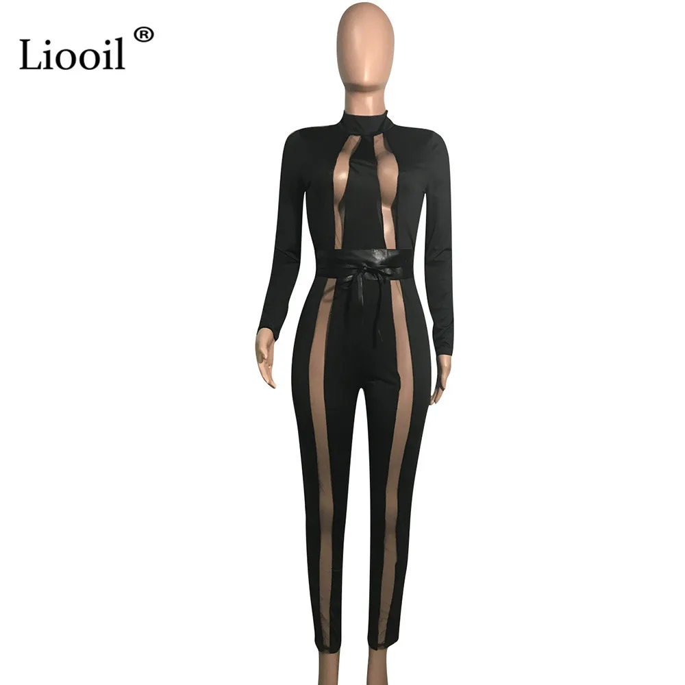 Liooil Black Mesh Sheer Sexy Tight Jumpsuits Fall Long Sleeve O Neck Hollow Out PU Belt Party Club Rompers Womens Jumpsuit
