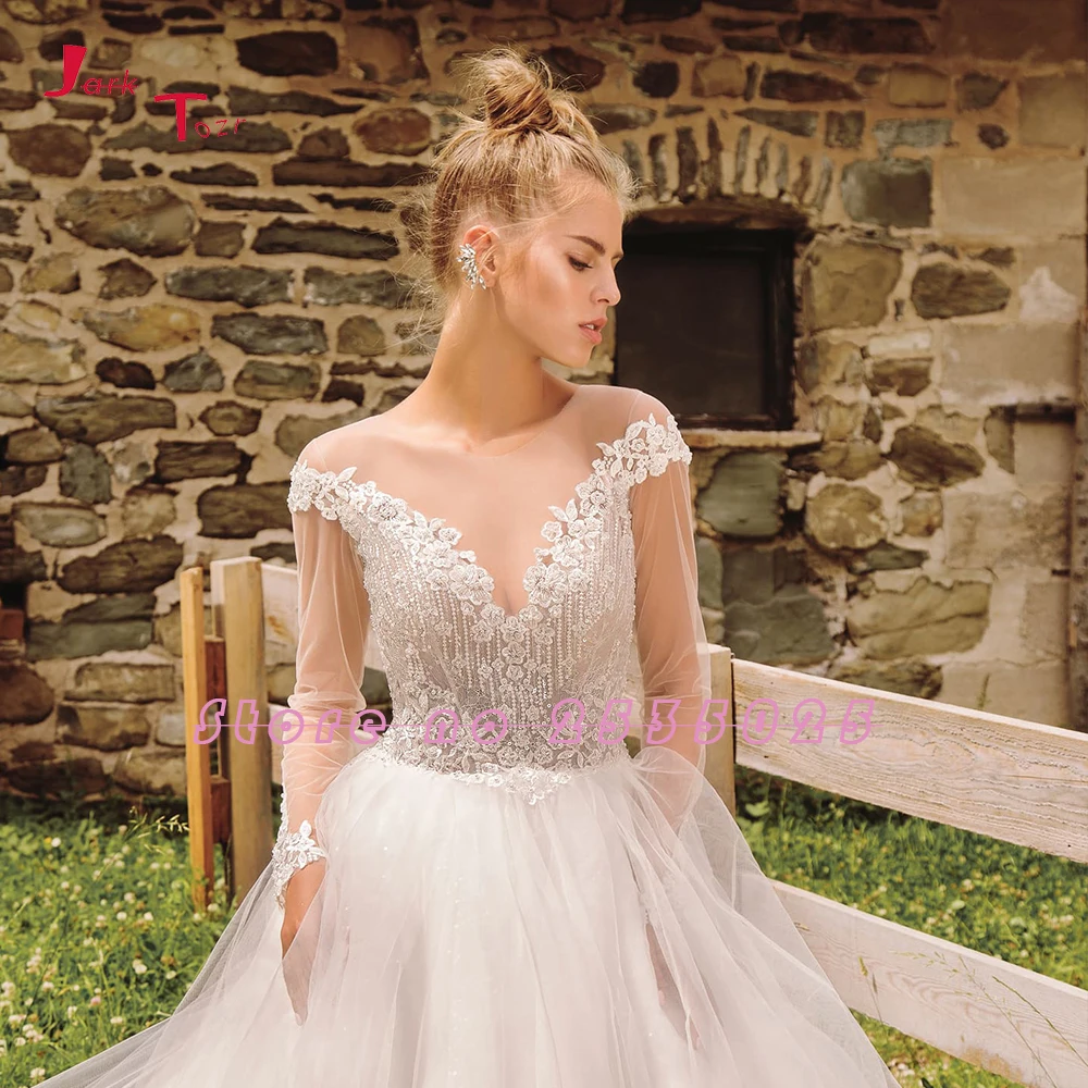 Свадебное платье трапециевидной формы с длинным рукавом размера плюс Vestidos De Boda, аппликации из бисера, прозрачные тюлевые Свадебные платья Matrimonio