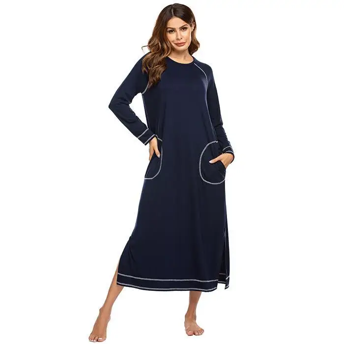 Ekouaer Women Autumn Nightgown Chemise Sleepshirts Round Neck Long Sleeve Patchwork Pocket Nightwear Winter Sleepwear Dress