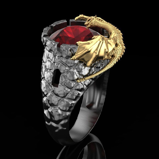 Style Collection! Luxury Men's Domineering Dragon Pattern Rings Inlay Big Red Crystal Ring Rock Biker Wedding Party Jewelry