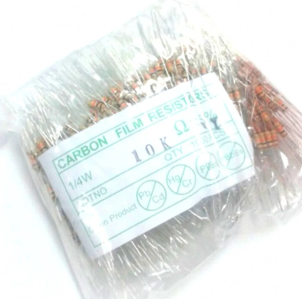 1000pcs 1/4W 1R--10M 5% 1K 2K 2.2K 4.7k 10K 100K 100R 220R 470R 1/2/3/4.7/5.1/6.8/10/20/30/47/68R 0.25W 탄소 필름 저항
