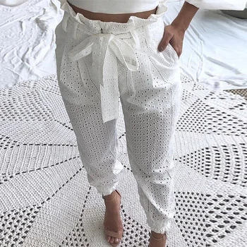 

OUSHANG High Waist White Trouser For Women Elegant Ruched Hollow Out Paperbag Waist Broderie Lace Casual Pants 2020 Fashion