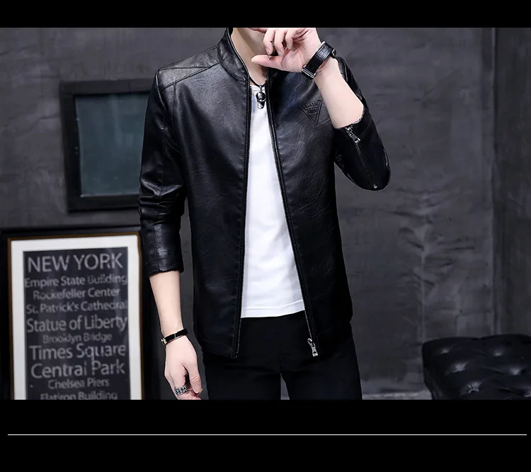811 Autumn And Winter Hot Selling Locomotive MEN'S Leather Coat Stand Collar Embossed Design MEN'S Leather Jacket