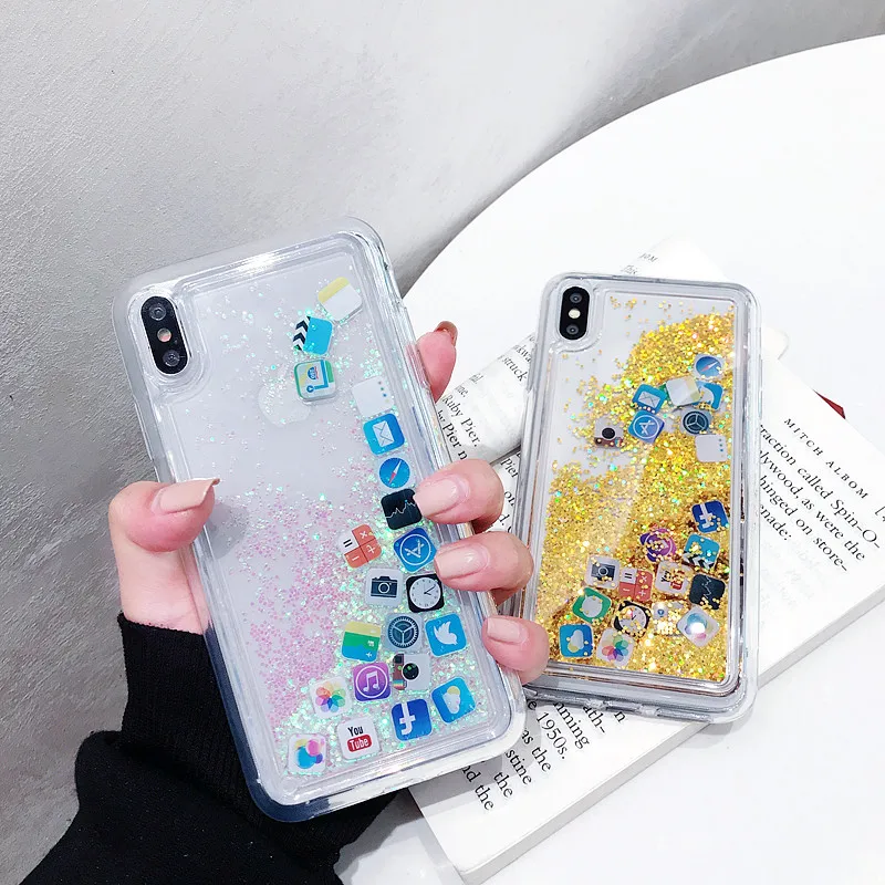 Liquid Glitter Quicksand Silicone Soft TPU Case For iPhone 11 Pro Max SE 2020 Xs Xr X 6 6s 7 8 Cute Icon Coque Water Cover | Мобильные