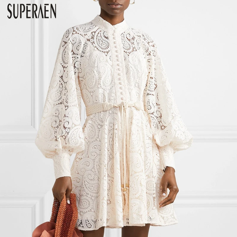 

SuperAen Europe Fashion Women's Dress 2019 Hollow Embroidery Stand Collar Long-sleeve Autumn New Ladies Dress High Waist Dresses