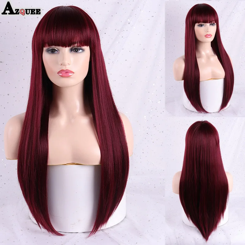 Loira em Camadas Completas com Franja para Preto Azqueen Perucas Sintéticas Longa Reta Marrom Penteado Ombre Cinza 8 Apliques e perucas
