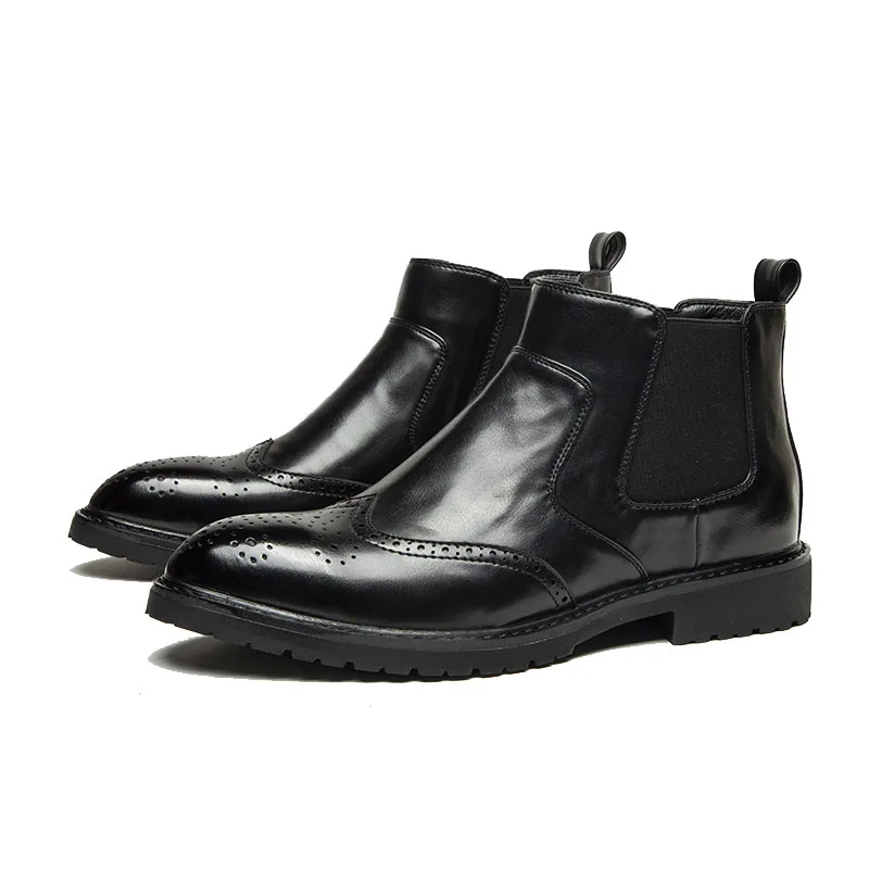 Misalwa/мужские ботинки «Челси» из искусственной кожи; мужские полуботинки с перфорацией типа «броги»; оригинальная повседневная обувь для джентльменов; ботинки в британском стиле; сезон зима-весна - Цвет: Black