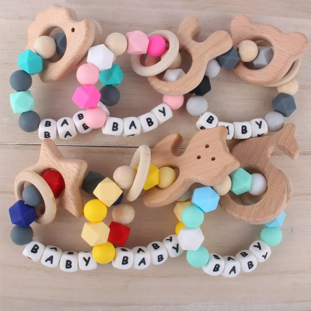 

Bite 1PC Food Grade Silicone Grasping Activity Shaker Bracelet Teether Ring Chew Bracelet With Natural Beech Wood Teething Rings