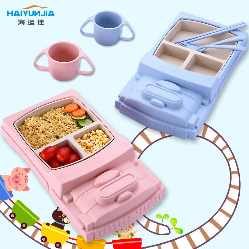 

Wheat Cartoon Bowl Set Cute Baby Food Supplement Eat Box Drop-resistant Train Type Seperated Container