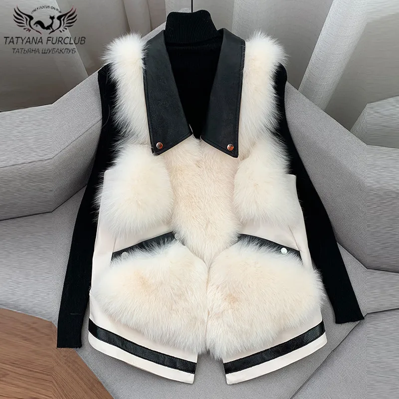 

High Quliaty Natural Fox Fur Coats For Women 2020 New Fox Fur Vest With Sheep Leather Collar Fashion Slim Overcoat Women Luxury
