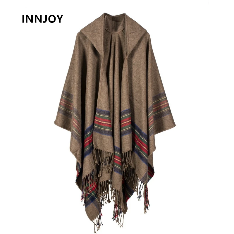 

Women's Winter Hooded Scarf Warm Striped tassel Cashmere Ponchos Capes Fashion Pashmina Ladies Knit Shawl Cape Vintage Blanket